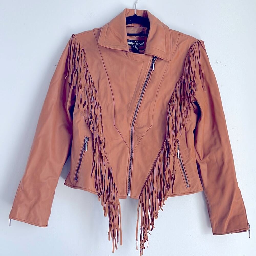 Joseph Israel 100% lamb leather yolk zip cuff western fringe rodeo jacket sz M
